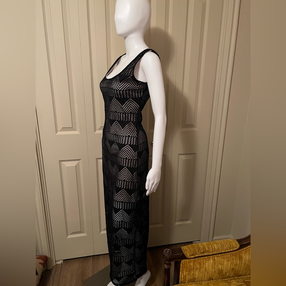 Material Girl Black Netted Lace Geometric Cage Back Lined Maxi Dress S